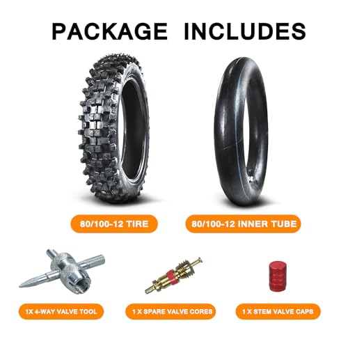 HOLATO Rear 80/100-12 3.00-12 Tire and Inner Tube for 110cc 125cc CRF70 CRF110 XR70 KLX110 TTR90 PW80 RM60 RM65 TaoTao DB14 SSR Apollo Coolster Dirt Pit Bike Motorcycle Off Road Motocross Heavy Duty - size: 80/100-12 Tire