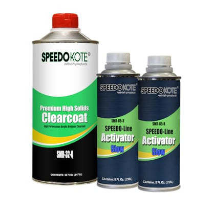 Speedokote Premium High Solids Clear Coat, 48 ounces when mixed 2:1, Slow Kit SMR-32/85-Q. Highest Gloss Premium Clear Coat, use at 80-90 deg. F
