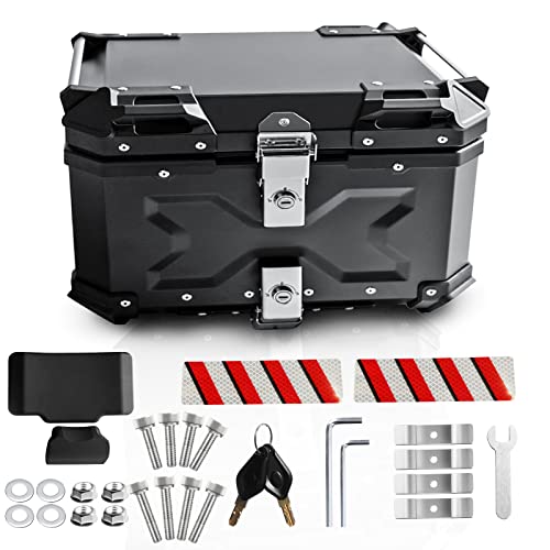 Universal Motorcycle Top Case,65L Motorbike Tail Box Trunk Tour Storage Carrier Case with Backrest, Security Lock and Handle for Helmet Luggage,Black - color: Black, size: 65L