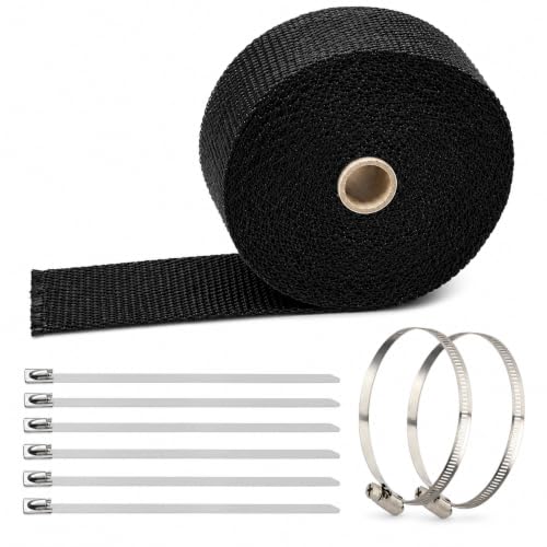 2” x 16 Ft Black Exhaust Heat Wrap Kit for Motorcycle Car - Fiberglass Header Wrap Heat Shield Tape with 6 Stainless Steel Ties & 2 Adjustable Clamps - Reduces Under-Hood Heat (50mm x 5m) - color: Black, size: 2 in x 16 ft