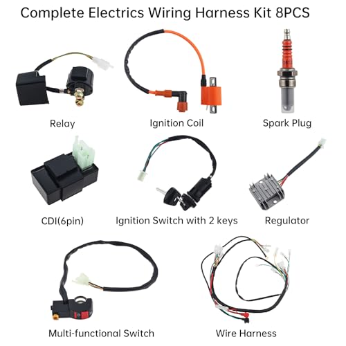 Windance 8PCS Complete Electrical Wiring Harness Kit with CDI Solenoid Relay Rectifier Ignition Switch Ignition Coil for Most Chinese 4 Stroke Motorcycle ATV Quad Dirt Bike Go Kart 150CC 200CC 250CC