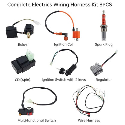 Windance 8PCS Complete Electrical Wiring Harness Kit with CDI Solenoid Relay Rectifier Ignition Switch Ignition Coil for Most Chinese 4 Stroke Motorcycle ATV Quad Dirt Bike Go Kart 150CC 200CC 250CC