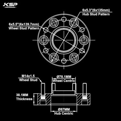 KSP 6X135 to 6x5.5 Wheel Adapters, Change Bolt Pattern Conversation Spacer fit Silverado Ram Wheel Install on F150 Vehicle with 87.1mm Hub Bore, Front and back are widen by 3in (each 1.5")14x1.5 Stud - size: 1.5" 6X135 to 6x5.5 Conversion