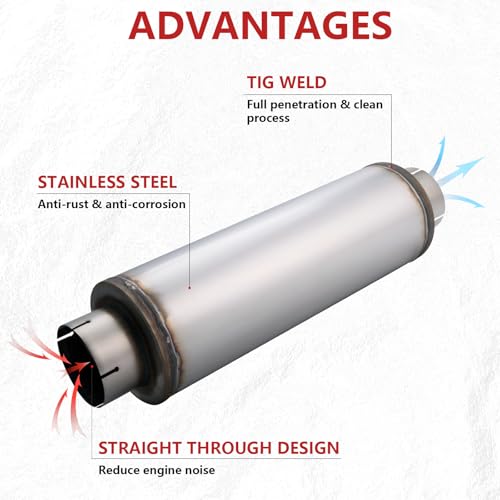 LCGP 5" Exhaust Muffler&Clamp, 5'' Inlet & Outlet, 8" x 24" Body 30" Overall Length Universal Resonator, Performance Straight Through Slotting Design Welded on Exhaust Tip, Stainless Steel Mufflers - size: 5" Inlet 30" Overall Length(8" wide)