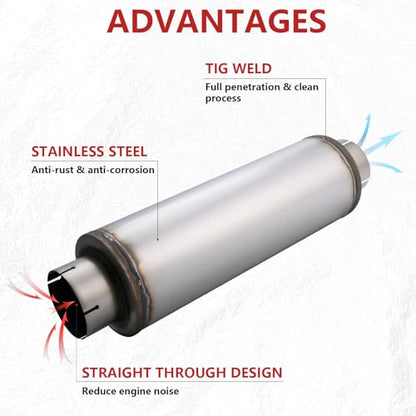 LCGP 5" Exhaust Muffler&Clamp, 5'' Inlet & Outlet, 8" x 24" Body 30" Overall Length Universal Resonator, Performance Straight Through Slotting Design Welded on Exhaust Tip, Stainless Steel Mufflers - size: 5" Inlet 30" Overall Length(8" wide)