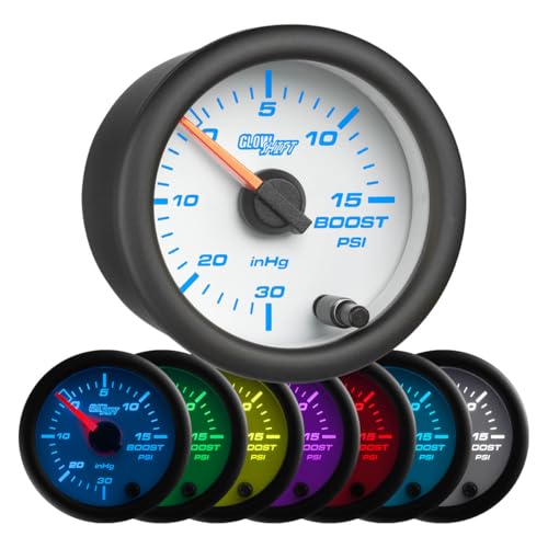 GlowShift White 7 Color 15 PSI Turbo Boost Vac Gauge Kit, 2-1/16" 52mm