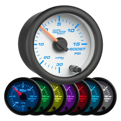 GlowShift White 7 Color 15 PSI Turbo Boost Vac Gauge Kit, 2-1/16" 52mm