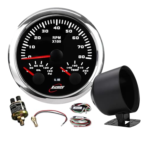RACETECH 85mm 3in1 Black Tachometer with Black Gauge Cup - Bundle