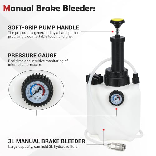 3L Manual Brake Bleeder Fluid Pump with 1L Brake Bleed Bottle and 4 Master Cylinder Adapters,Professional Brake Bleeder Kit Suitable for Most Brake Mast Cylinder Reservoirs