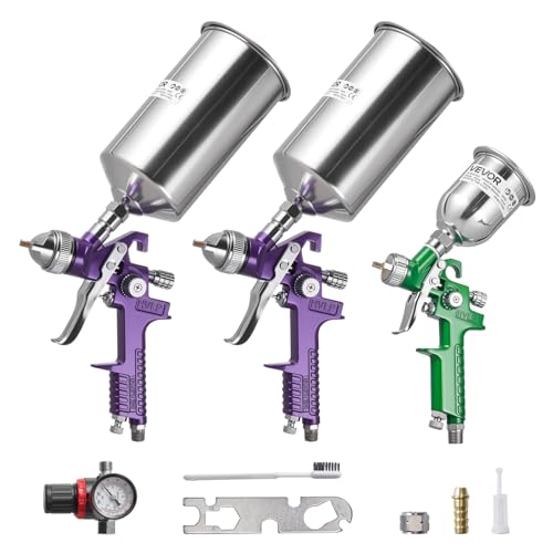 VEVOR 3-Piece Air Spray Gun Kit, Professional Auto Paint Spray Gun Set with 3 Nozzles (1/1.4/1.8mm), 3 Cups & Air Regulator, Gravity Feed Automotive Paint Sprayer for Primer, Topcoat & Touch-Up - size: 3 Pcs- Spray Gun