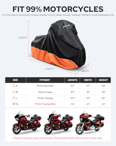Benlari Waterproof Motorcycle Cover with Side Top Box Compatible with Harley Davidson Touring Ultra Limited Street Glide Road Glide Electra Glide Honda Outdoor All Weather Protection, 116" x 47" x 53" - size: XL(116" x 47" x 53"), style: Touring Ultra