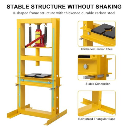 12 Ton Hydraulic Shop Press, H-Frame Garage Press with Adjustable Bed & Plates for Bearings, Gears, U-Joints Heavy Duty Floor Benchtop Press