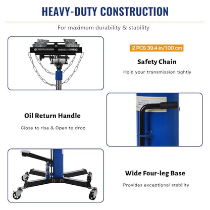 1100 Lbs Transmission Jack | 1100 lbs capacity, 2-stage lift, 33.8-72.8", foot pedal, swivel wheels, heavy-duty.
