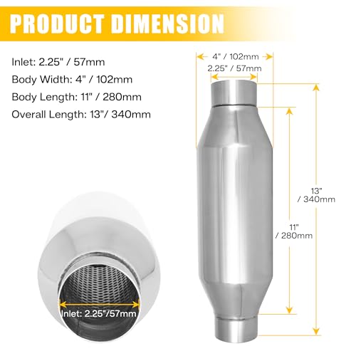 2.25" Universal Resonator, Straight Through Performance Muffler, 13" Overall Length, 304 Stainless Steel Welded On Resonator Muffler, Polished - size: 2.25" Inlet 13" Overall Length