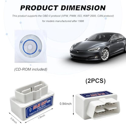 2 PCS ELM327 OBDII Car Auto Diagnostic Scanner, Professional Mini Bluetooth Scan Tool Engine Fault Code Reader, Wireless Failure Detector Interface Adapter for Most OBD II Vehicles (White) - color: White, 2 PCS