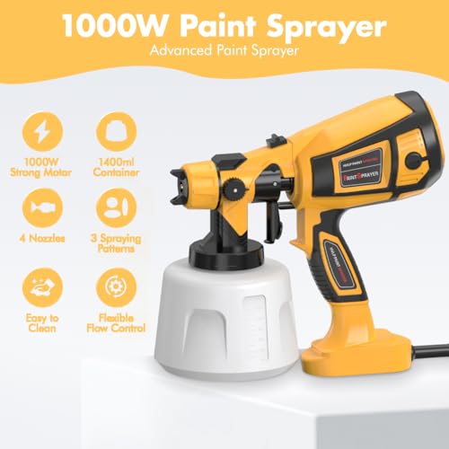 1000W High Power Paint Sprayer - HVLP Electric Spray Paint Gun with 4 Copper Nozzles & 3 Patterns, Large Capacity Power Painter for Furniture, Cabinets, Fence & House Painting Yellow - color: Yellow