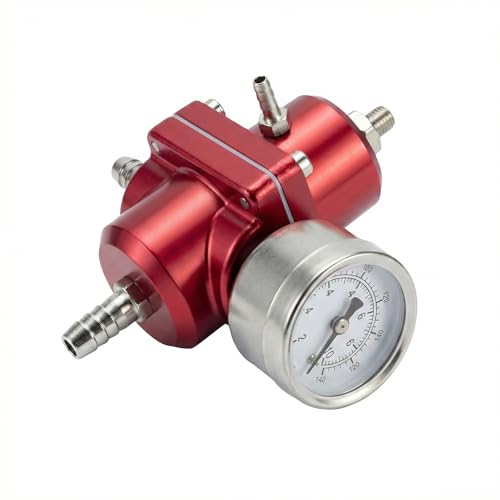 Universal Adjustable Fuel Pressure Regulator Kit 0-140 PSI Gauge Blue Aluminum FPR 11cm(4.33") Height for Gasoline Injection Performance (Red) - color: Red