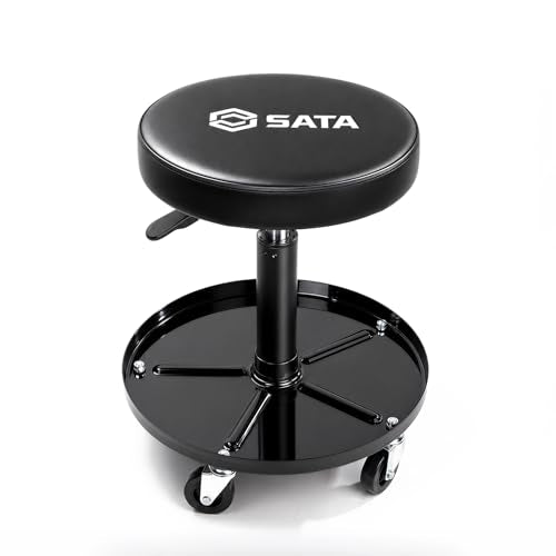 SATA Adjustable Rolling Shop Stool with Wheels, Heavy Duty 300 lbs Capacity Mechanics Chair, Rolling Garage Stool for Seated Work, 385mm Seat, 390mm Height