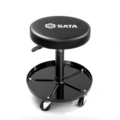 SATA Adjustable Rolling Shop Stool with Wheels, Heavy Duty 300 lbs Capacity Mechanics Chair, Rolling Garage Stool for Seated Work, 385mm Seat, 390mm Height
