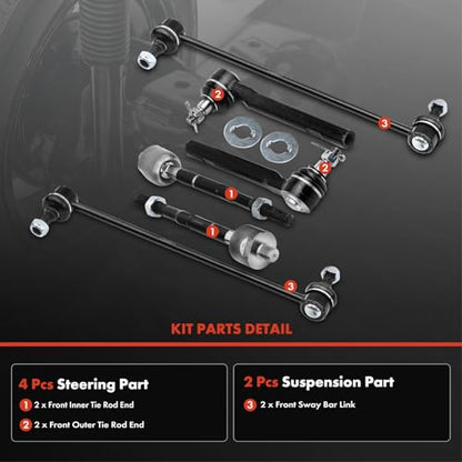 A-Premium 6Pcs Front Suspension Kit, Sway Bar Link, Inner Outer Tie Rod End