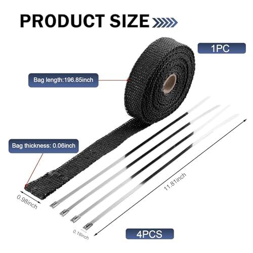 Car Exhaust Heat Wrap, 196" Motorcycle Fiberglass Heat Resistant Fabric Shield Tape, Fiber Heat Insulation Tape, Universal Cuttable Protective Modification (Black)
