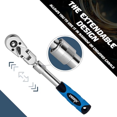 DISEN 3-Piece Extendable Flex-Head Ratchet Wrench Set with EVA Storage Case - 1/4", 3/8", 1/2" Drive, 72-Tooth, Rubber Grip, Adjustable Length - Professional Automotive and DIY Tools - color: Extendable Flex-head Ratchet