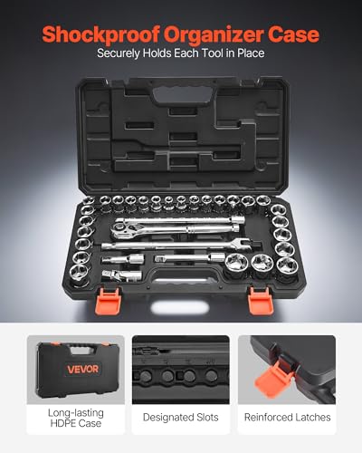 VEVOR Socket Set, 33 Pieces, 1/2 inch Drive Socket and Ratchet Set, SAE and Metric, Mechanic Tool Kit with Ratchet Wrench, Extension Bar and Storage Case, CR-V Alloy Steel, for Automotive Repair - size: 33-PCS