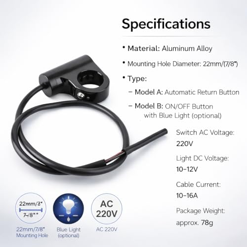Handlebar ON/Off Switch, DC 10-12V to AC 220V Motorcycle 7/8” Start Button Weatherproof Aluminum Handlebar Light Switch (A Style Self Reset Button)