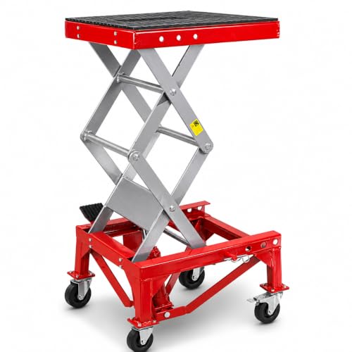XtremepowerUS 300 lb Hydraulic Motorcycle Scissor Lift Jack, Foot Operated Mini Lift Table with Hand Crank, Motorcycle Dirt Bike ATV Lift Stand, Heavy Duty Maintenance Hoist, Red