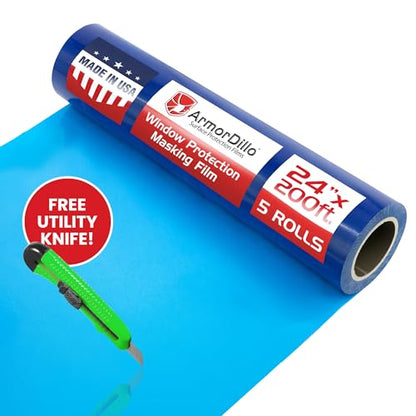 ArmorDillo Blue Window Protection Film| 29.96/Roll (5 Rolls/case,1 case), 24" x200'. Temporary Self-Adhesive Glass Cover, Masking, 45-Day UV-Resistant, Window & Surface Protection| Construction Wrap - size: 24" x 200' (5 rolls)