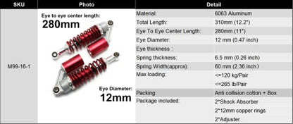 280mm Rear Shock Absorber Suspension Motorcycle ATV Quad 7mm Spring - color: Red