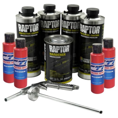 Raptor Truck Bed Liner Kit with Colored Victory Red Tint and Spray Gun - 4 Liters - Protective Spray On Paint for Coating Trucks, Tailgates, Vehicle Undercoating - Tintable Bedliner Formula