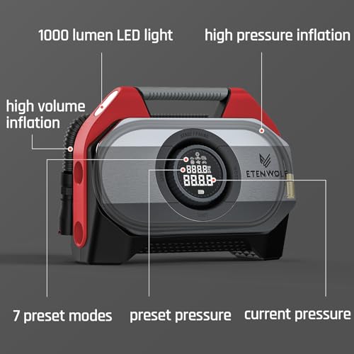 ETENWOLF VORTEX S6 Tire Inflator Portable Air Compressor, Cordless Air Pump - color: Red, size: 19200 Mah