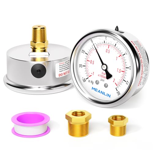 MEANLIN MEASURE -30inHG~30Psi Stainless Steel 1/4" NPT 2.5" FACE DIAL,Vacuum Pressure Gauge,Center Back Mount, with 1/2" NPT and 3/8" NPT Hex Bushing - size: -30inHG-30Psi