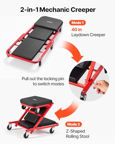VEVOR 40 in 2-in-1 Folding Mechanic Creeper, Z Creeper Seat & Under Car Garage Roller, 450 lbs Rolling Creeper Stool with 6 Swivel Casters, Padded Headrest for Auto Repair - color: Red+Black, size: 40 inch-2 in 1