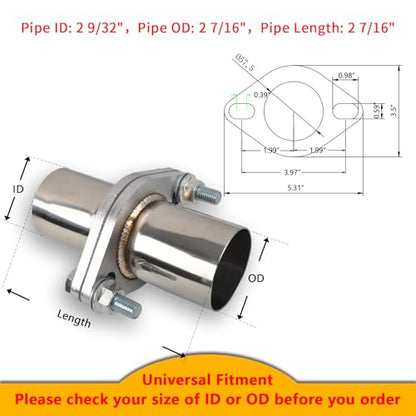 Exhaust Flange Bolts Quick Fix Repair Pipe Kit w/Gasket & Hardware, 2.25'' Inch ID 2 Bolts T304 Stainless Steel Universal Flange Replacement Kit - size: 2.25"ID-2 Bolts