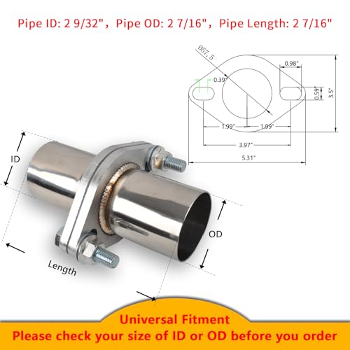 Exhaust Flange Bolts Quick Fix Repair Pipe Kit w/Gasket & Hardware, 2.25'' Inch ID 2 Bolts T304 Stainless Steel Universal Flange Replacement Kit - size: 2.25"ID-2 Bolts