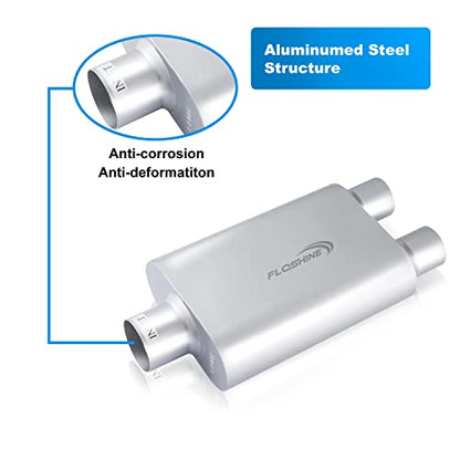 Universal Mufflers Performance Automotive Exhaust Aluminized Steel Muffler Dual Chamber 3" center inlet (ID) 2.5" dual outlet (ID) FH430402 - color: Silver, size: 3" in - 2.5" dual out