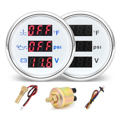 MH Triple Gauge Set - Water Temp (104°F-248°F), Oil Pressure (0-145PSI), Voltmeter (9-32V), AUTO Gauge with Sensors 2" 52mm 3-in-1 Boat Marine Meter Kit (White) - color: White