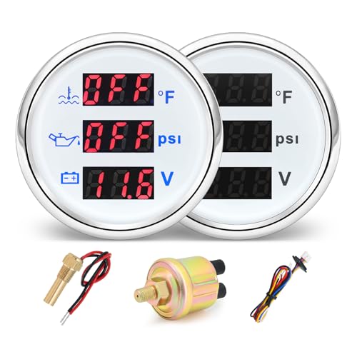 MH Triple Gauge Set - Water Temp (104°F-248°F), Oil Pressure (0-145PSI), Voltmeter (9-32V), AUTO Gauge with Sensors 2" 52mm 3-in-1 Boat Marine Meter Kit (White) - color: White