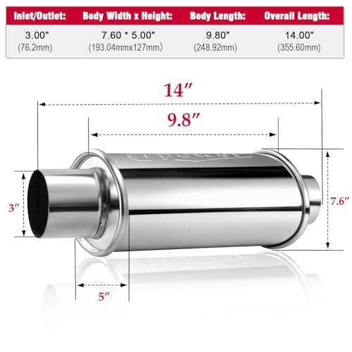 Upower 3 inch Ultra Quiet Resonator, 304 Stainless Steel Exhaust Muffler 3", 3'' Inlet & Outlet 14" Overall Length Universal Oval Performance Muffler Resonator - size: 3 Inch