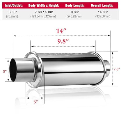 Upower 3 inch Ultra Quiet Resonator, 304 Stainless Steel Exhaust Muffler 3", 3'' Inlet & Outlet 14" Overall Length Universal Oval Performance Muffler Resonator - size: 3 Inch