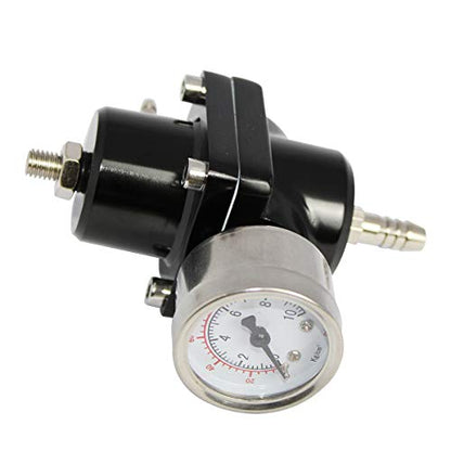 Universal Adjustable Fuel Pressure Regulator Kit with 0-140 PSI Gauge Aluminum Gas Oil Injection Pressure Regulator - color: Black