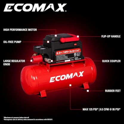 ECOMAX Air Compressor, 2 Gallon Portable Air Compressor 125 PSI Oil-Free Light Weight with 10 PCS Accessory Kit