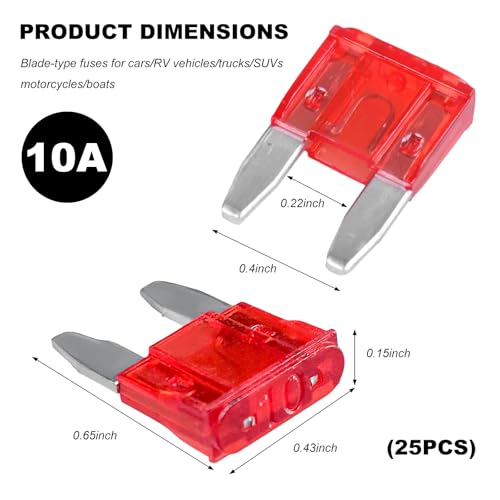 25 PCS 10 Amp Mini Car Fuses, 10A Automotive Blade Fuse Replacement, Auto Fuse Kit for Car RV Truck Motorcycle SUV Boat - color: 10A