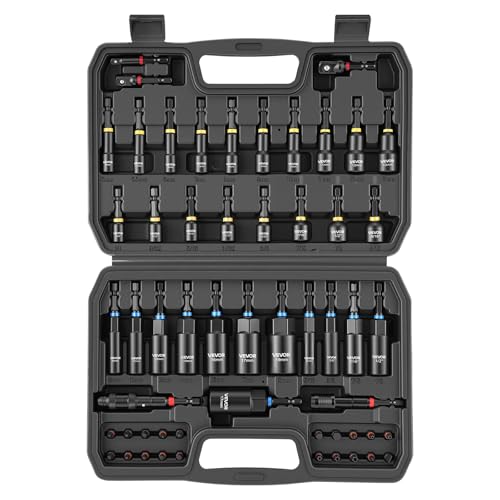 VEVOR Master Magnetic Impact Nut Driver Set 55PCS, Metric & SAE Sizes, with Socket Adapters, Bit Holder, Wing Nut Driver, Pivoting Nutsetter, Quick Release Extension, Power Bits, Storage Box - size: 55 pcs
