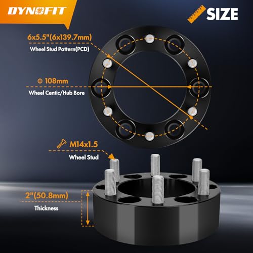 dynofit 2in 6x5.5 Wheel Spacers for 1999-2026 Silverado Siera1500 Yukon | 2019-2026 Ram 1500, Forged Aluminum Spacers Set Kit Compatible with Chevrolet GMC Cadillac M14x1.5 Stud 108mm Center Bore - size: 2 inch 108mm