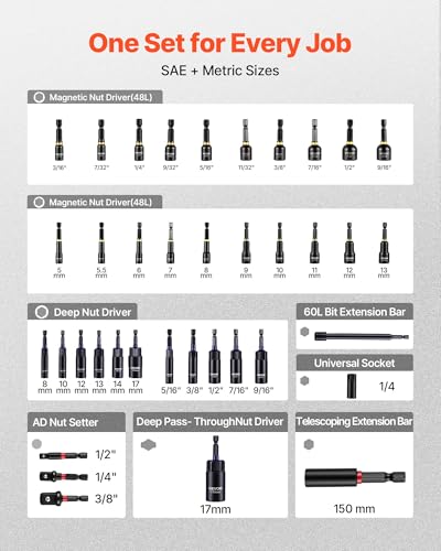 VEVOR 80-Piece Premium Magnetic Impact Nut Driver Set, Metric & SAE Sizes - size: 80 pcs