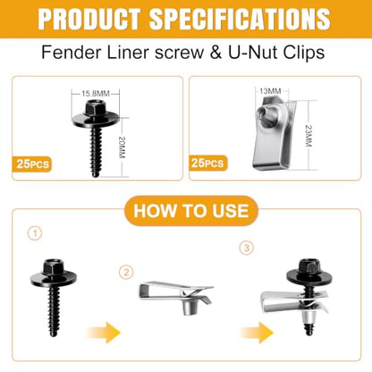 weideer 50PCS M4.2-1.41 Universal Fender Liner Bolt Screw U Nuts Kit,Engine Splash Shield Hex Head Screw U Clips,Automotive Body Screws Clips - color: SV-M4.2 U Clips+Bolts