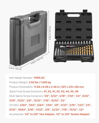 VEVOR 41-Piece Screw Extractor and Left Hand Drill Bits Set, Easy Out Screw Extractor Kit with HSS Steel Reverse Drill Bit for Broken Nuts, Stripped Bolts Remove, Adapters - size: 41 PCS